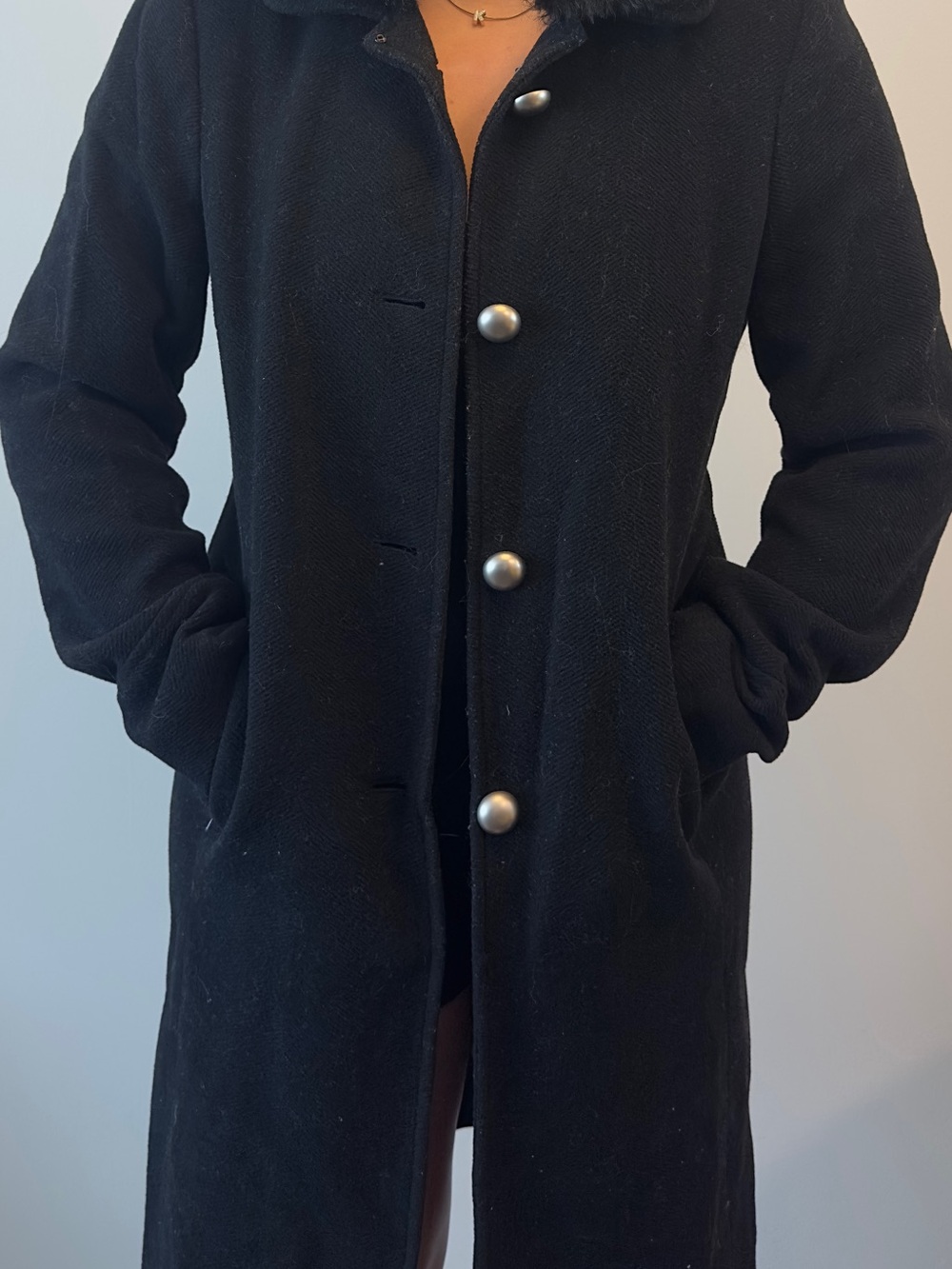 Black Long Women's Coat - Classic Button Front Jacket